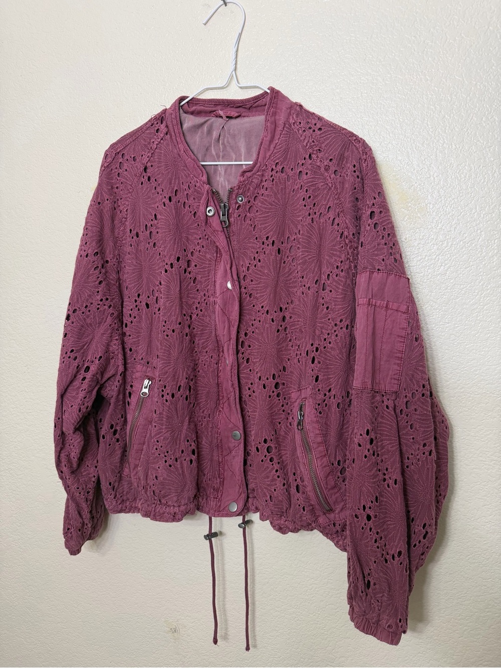 Free People Daisy Jane Bomber Jacket Eyelet Raspberry Purple Slouchy Oversized S - Picture 5 of 16
